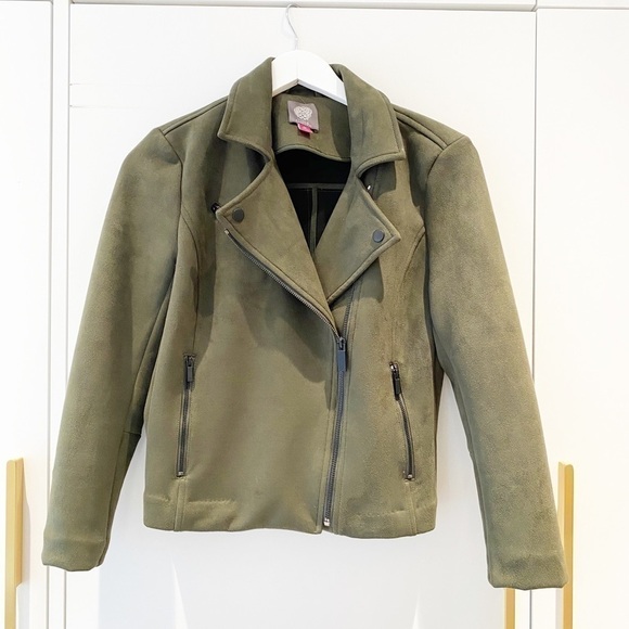 olive Faux Suede Scuba Moto Jacket - Picture 1 of 11